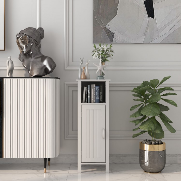 Freestanding bathroom cabinet with one door and open shelf, showcasing a stylish design and practical storage solutions.