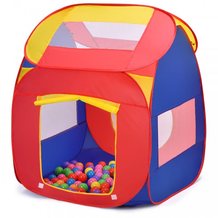Portable kid play house tent with vibrant red and blue design, featuring mesh windows for ventilation and 100 colorful.