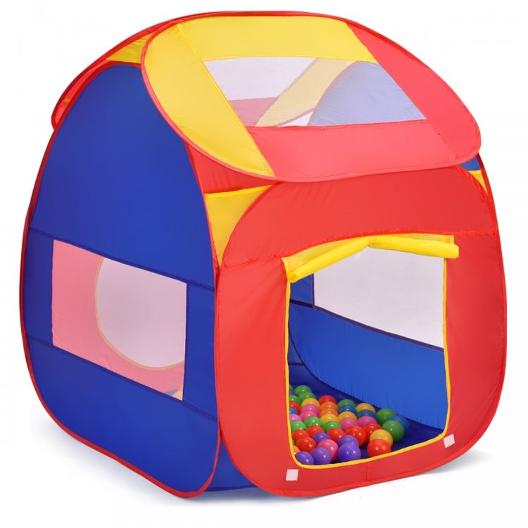 Side view of the colorful portable kid play house tent with mesh windows and 100 balls, ideal for outdoor activities.