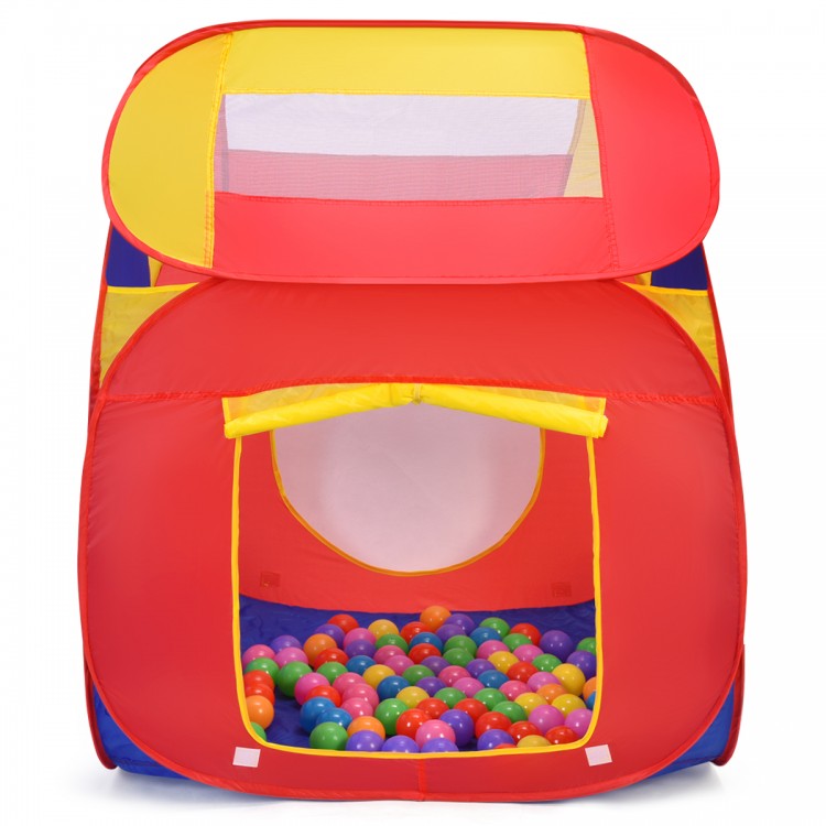 Bright red portable kid play house tent with mesh windows and 100 colorful balls, perfect for imaginative play indoors.