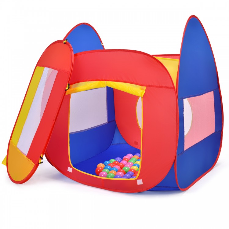 Front view of the portable kid play house tent featuring vibrant red and blue colors, perfect for backyard fun and.