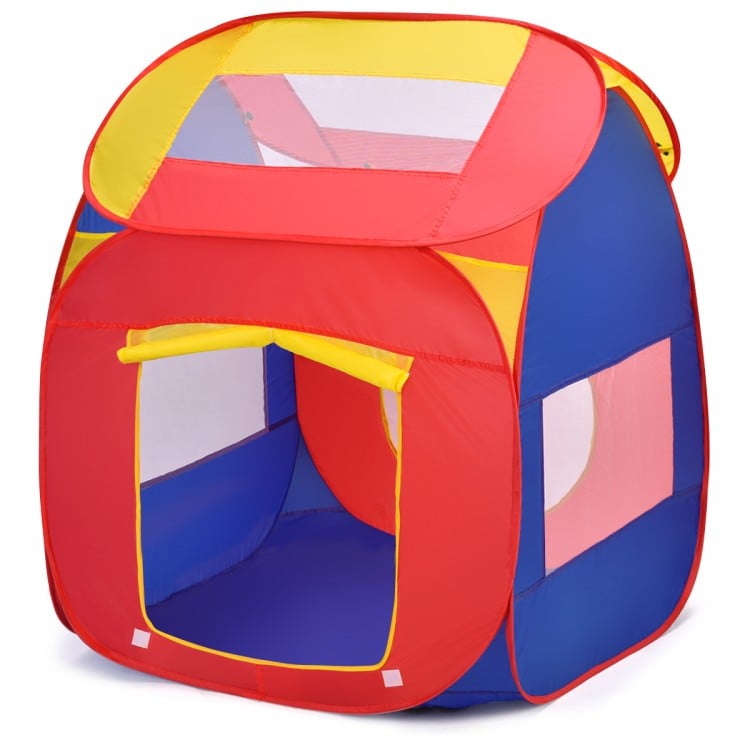 Colorful portable kid play house toy tent with mesh windows and pop-up design, ideal for imaginative play and easy.