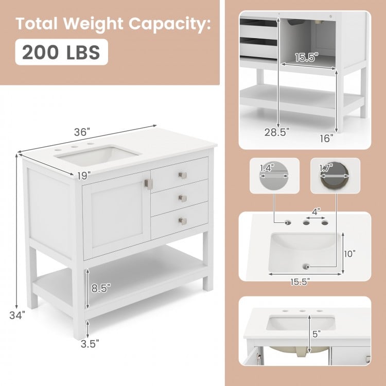 Dimensions of the freestanding bathroom vanity unit with basin, showcasing weight capacity and detailed measurements.