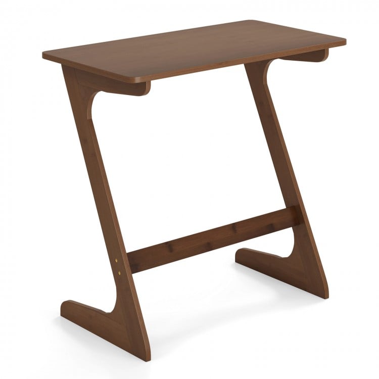 Z-shaped brown bamboo side table with spacious tabletop, ideal for small rooms and versatile use as a laptop desk or TV.