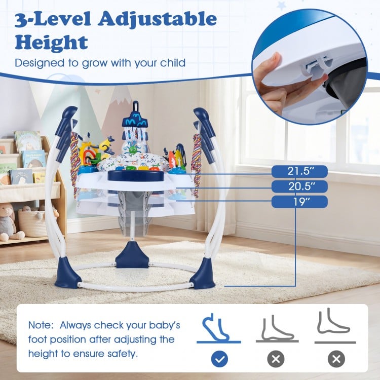 3-level adjustable height baby activity center with padded seat, 6 interactive toys, and sturdy base for safe play.