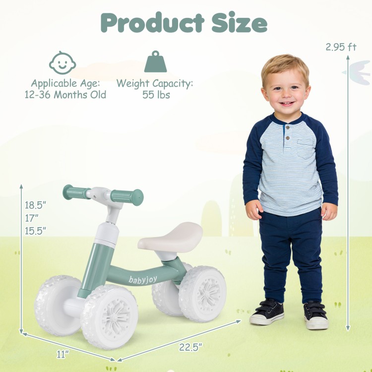 Green baby balance bike with an adjustable seat and handlebars, showcasing dimensions and suitable for ages 12-36.
