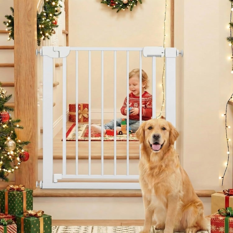 Pressure-mounted baby gate in white, featuring auto-close and double-lock safety, ideal for stairways and doorways.