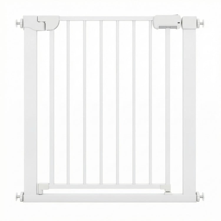 Pressure-mounted baby gate in white, featuring auto-close and double-lock safety, ideal for staircases and doorways.