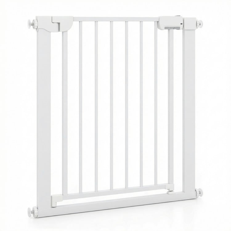 White baby gate for stairs with pressure mount, auto-close feature, and double-lock safety release for enhanced.
