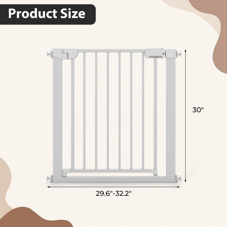 Adjustable white baby gate for stairs, measuring 29.6"-32.2" wide and 30" tall, featuring auto-close and double-lock.