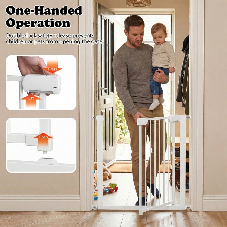 Baby gate with one-handed operation and auto-close feature, ideal for doorways and staircases, shown in a home setting.