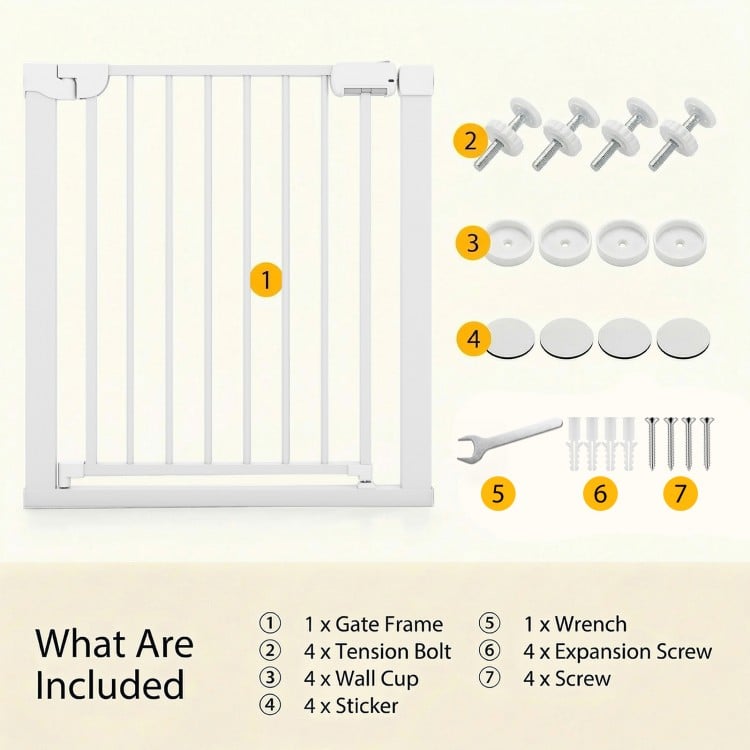 Baby gate for stairs in white, featuring adjustable width, auto-close function, and double-lock safety release system.