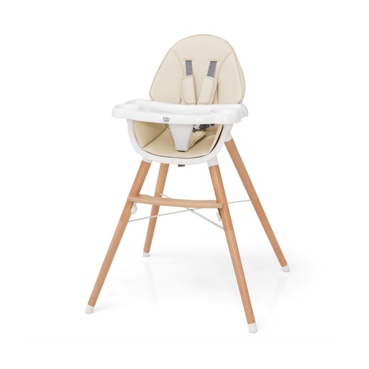 Baby high chair in beige with solid beech wood legs, 5-point harness, and dishwasher-safe tray for easy cleaning.