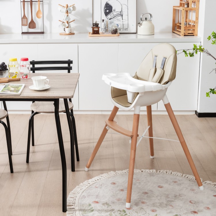 Baby high chair in beige with solid beech wood legs, 5-point harness, and dishwasher-safe tray for convenient use.