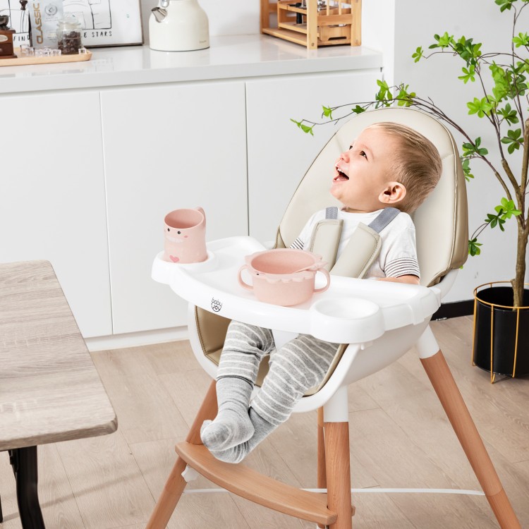 Baby high chair in beige with solid beech wood legs, 5-point harness, and dishwasher-safe tray for mealtime convenience.