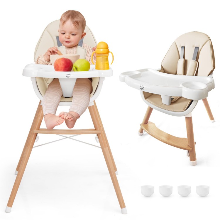 Beige baby high chair with adjustable tray and non-slip foot pads, designed for safety and comfort during mealtime.