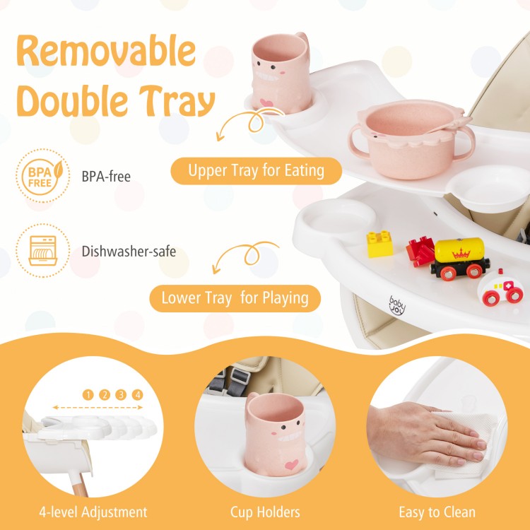 Baby high chair in beige with a removable dishwasher-safe double tray, featuring cup holders and 4-level adjustment for.