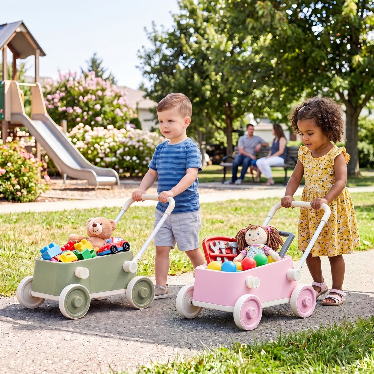Two children using the Baby Push Walker with Wheels in green and pink, filled with toys for outdoor play and organization.