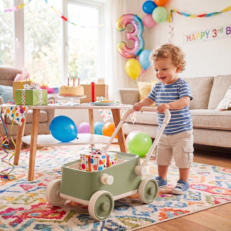 Baby push walker in green with a foldable handlebar and large storage basket, ideal for play and organization.