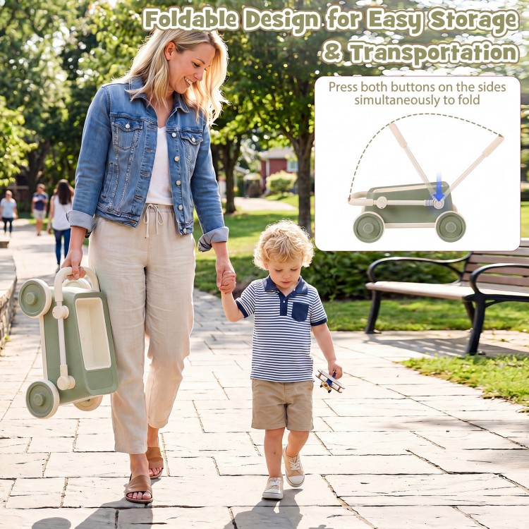 Baby push walker in green features a foldable handlebar and large storage basket, ideal for kids aged 3 to 6 years.