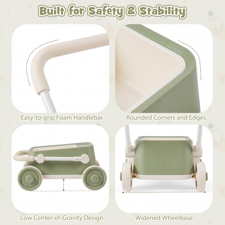 Baby push walker in green features a foldable handlebar, large storage basket, and safety-focused design for stability.