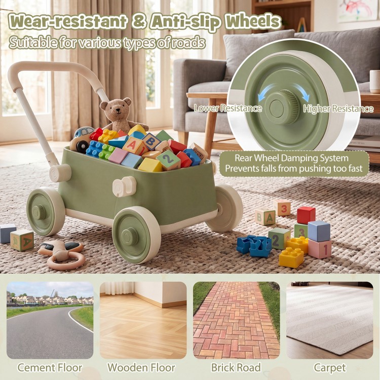 Baby push walker in green with foldable handlebar and large storage basket, suitable for various floor types.