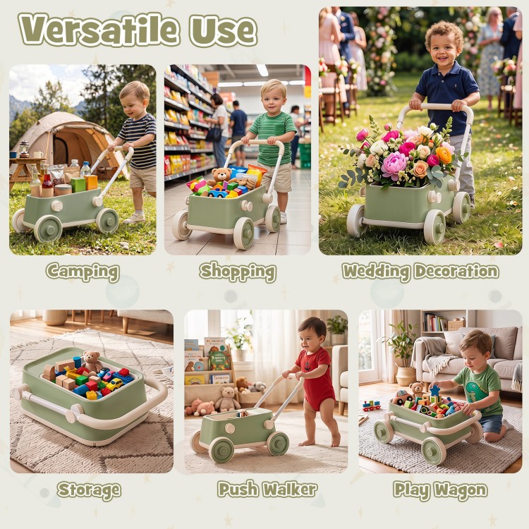 Baby push walker in green with foldable handlebar and large storage basket, ideal for play, shopping, and camping activities.