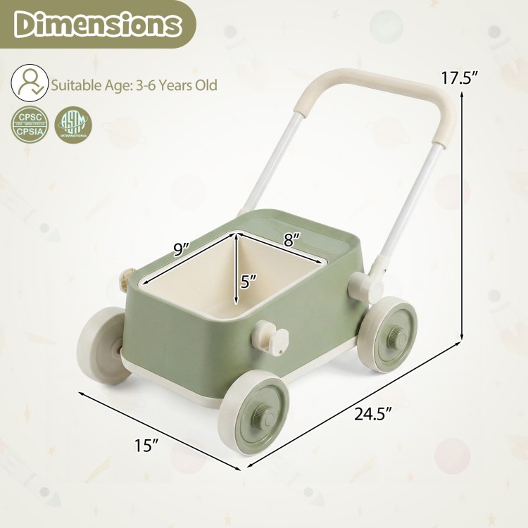 Baby push walker in green with foldable handlebar and large storage basket, ideal for kids aged 3-6 years.