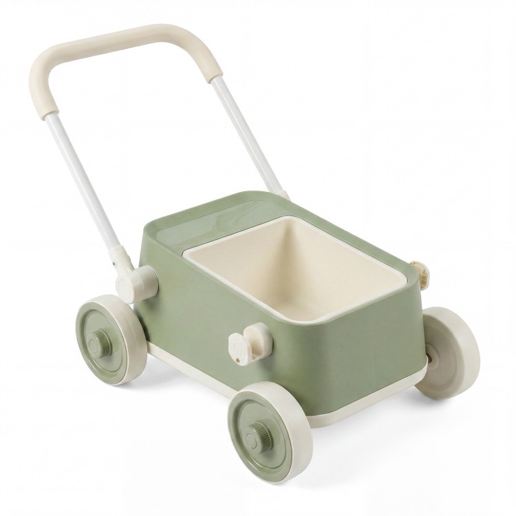 Baby push walker in green features a foldable handlebar, large storage basket, and wear-resistant wheels for stability.