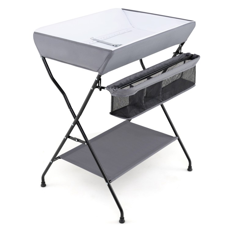 Gray baby storage folding diaper changing table with three compartments, designed for easy access and convenience.