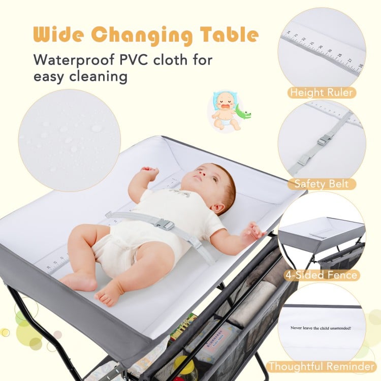 Baby storage folding diaper changing table in gray with waterproof PVC, safety belt, and height ruler for easy use.
