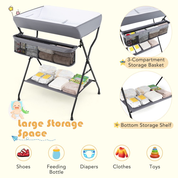 Baby storage folding diaper changing table in gray with large storage space and three compartments for easy access.