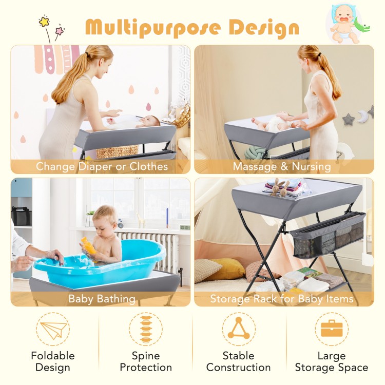 Baby storage folding diaper changing table in gray with compartments, ideal for easy diaper changes and baby massage.