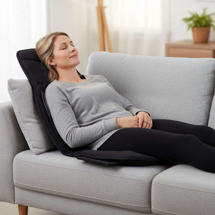 Back massager seat cushion in black with heat and 10 vibration motors, perfect for relaxing on a sofa or recliner.