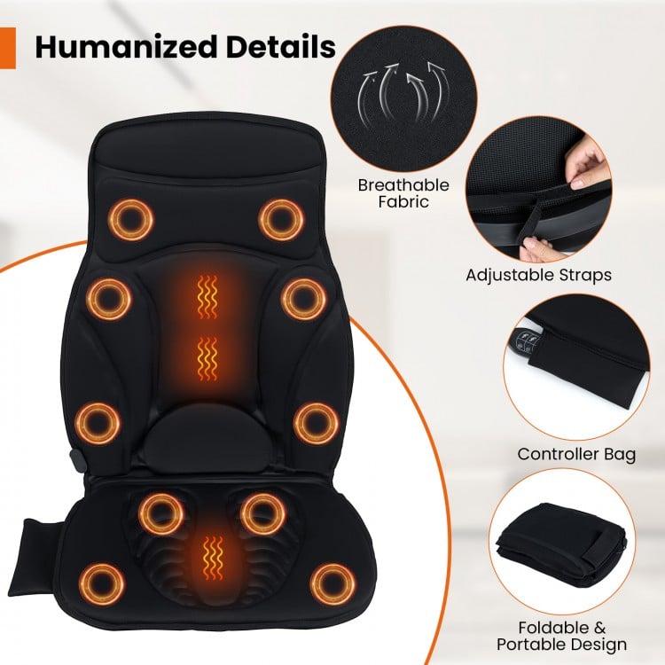 Back massager seat cushion in black with 10 vibration motors, adjustable straps, and portable design for versatile use.