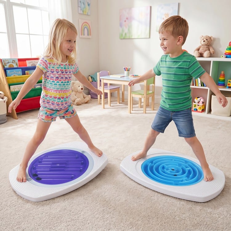 Two children play on the Balance Board Maze for Kids, featuring three maze discs and an anti-slip surface for safe balancing.
