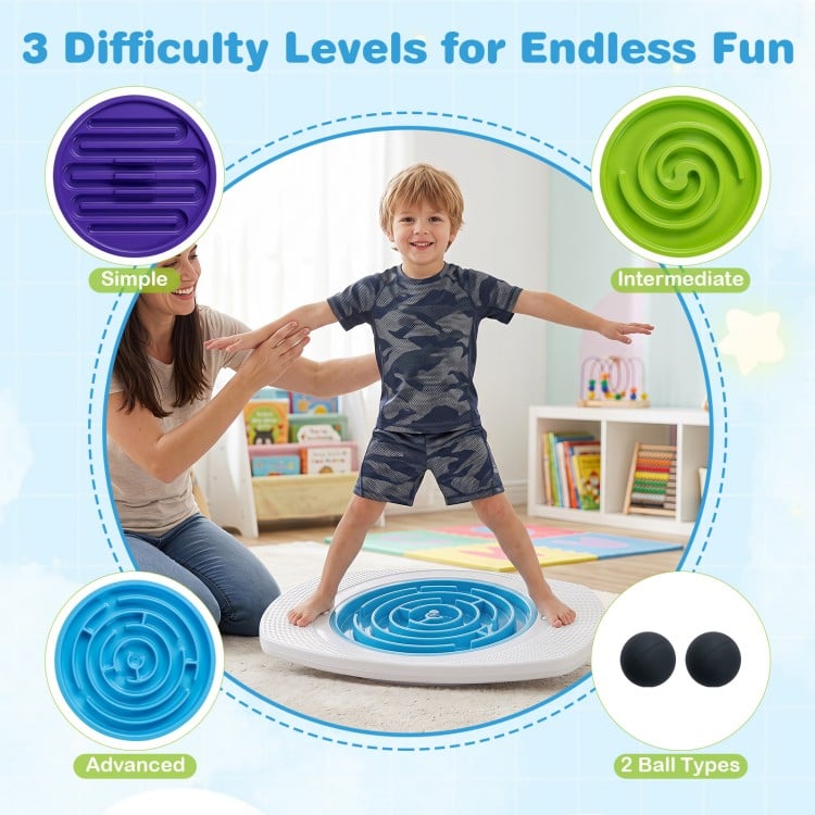 Three difficulty levels of maze discs on the Balance Board Maze for kids, promoting balance and muscle strength during play.