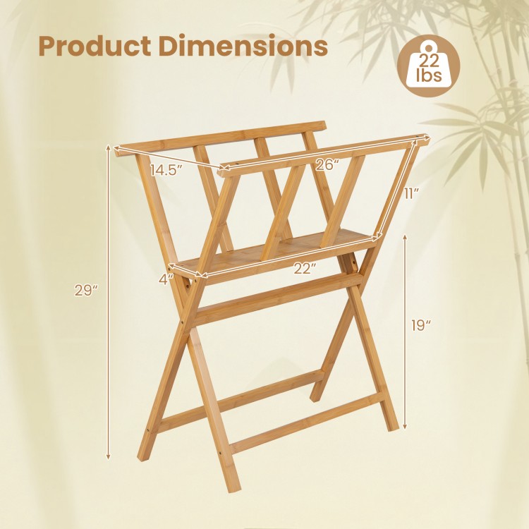Bamboo art print rack dimensions showing a lightweight, freestanding design for storing and displaying artwork up to 34" x 19".
