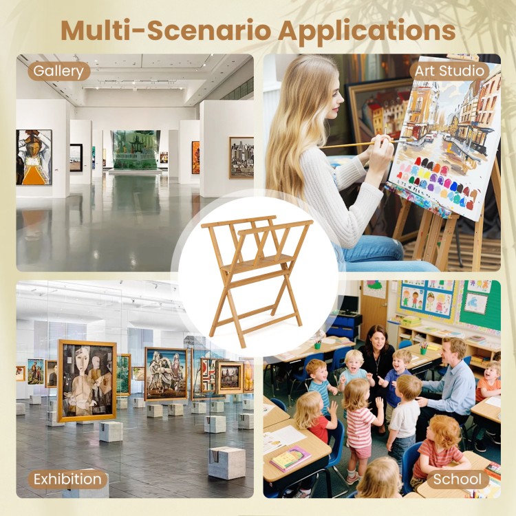 Bamboo art print rack with open storage design and X-shaped support legs, ideal for galleries, schools, and exhibitions.