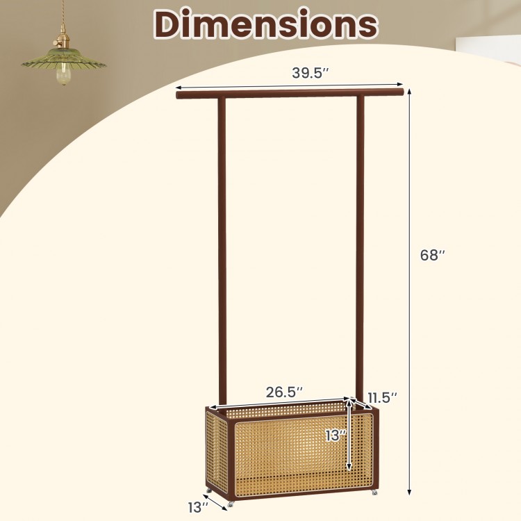 Dimensions of the brown bamboo clothes rack with rattan storage basket, featuring a hanging rod and wheels for easy.