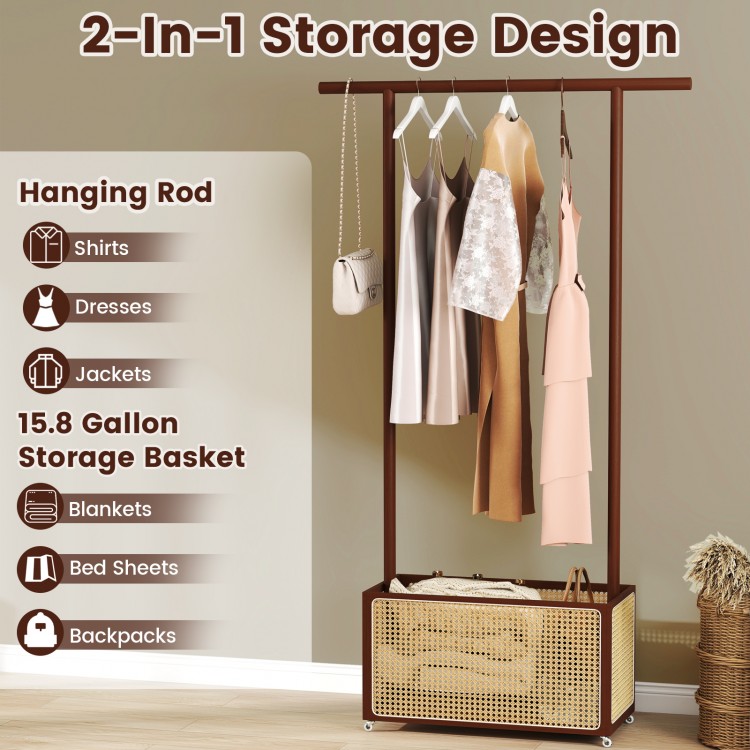 Bamboo clothes rack with rattan storage basket, featuring a hanging rod and wheels for easy mobility in any room.