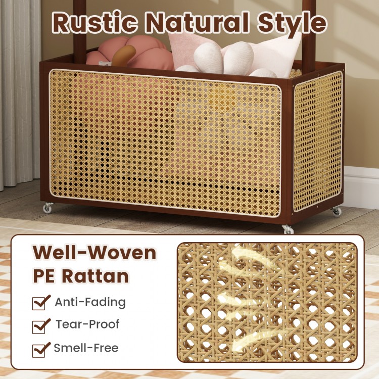 Bamboo clothes rack with a well-woven PE rattan storage basket, featuring wheels for easy movement in rustic style.