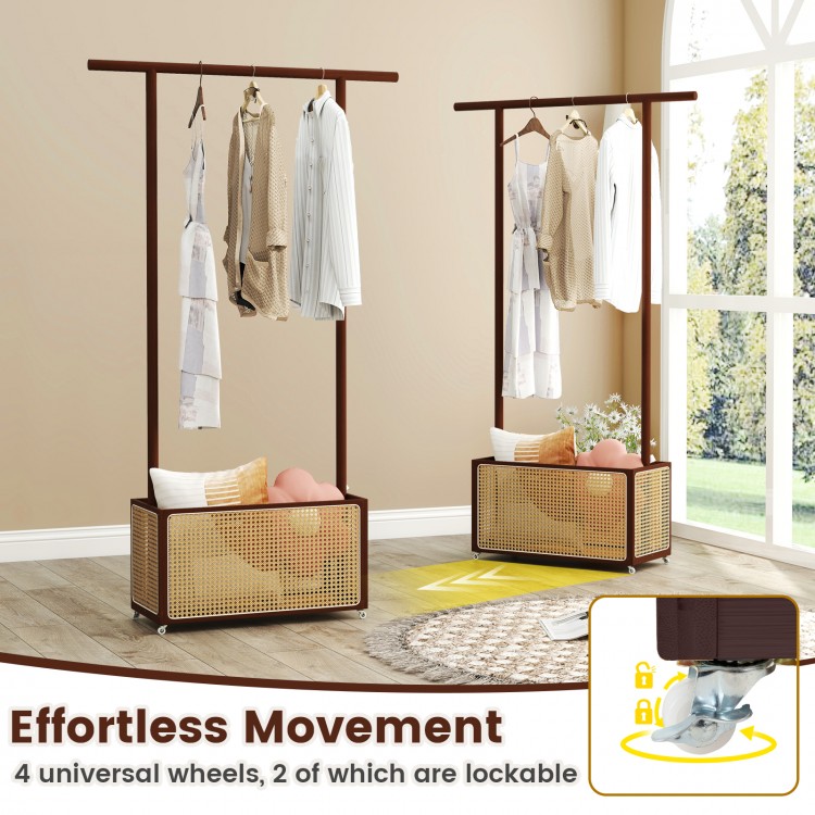 Bamboo clothes rack with rattan storage basket and wheels, featuring a hanging rod for versatile organization in any.