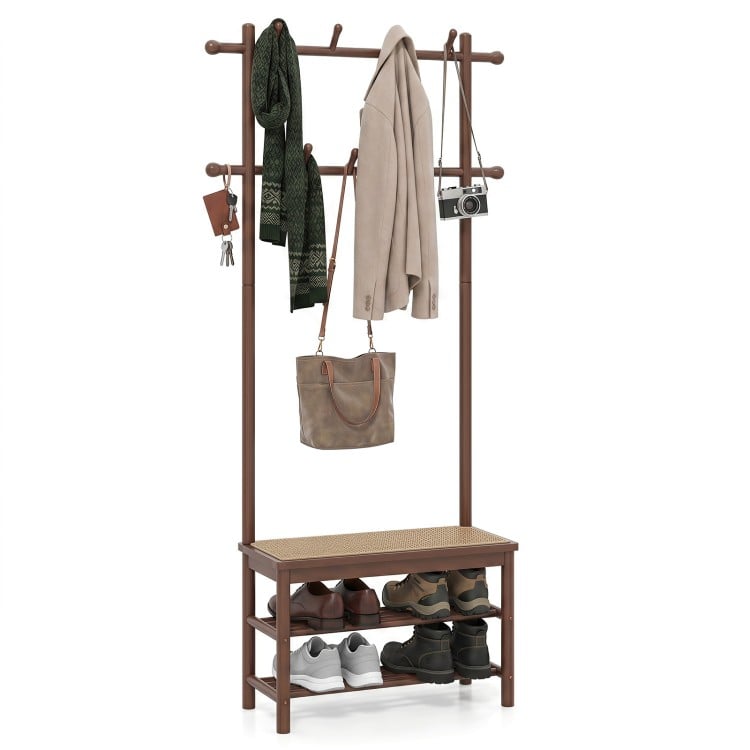 Bamboo coat rack with PE rattan surface features 11 hooks, shoe storage, and a bench for organized entryway use.