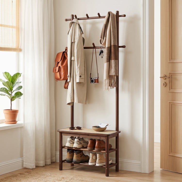 Bamboo coat rack with PE rattan surface features 11 hooks, a shoe bench, and two shelves for organized entryway storage.