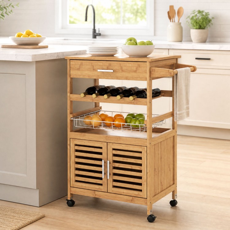 Bamboo rolling kitchen island trolley features a wine rack, storage cabinet, and towel rack for versatile kitchen organization.