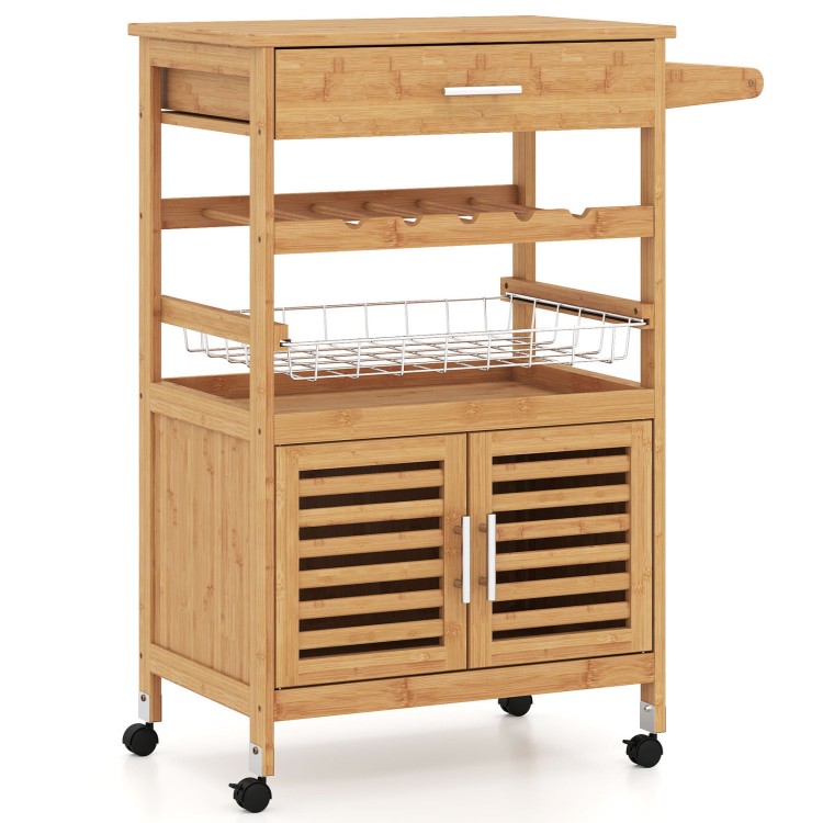 Bamboo rolling kitchen island trolley features a spacious cabinet, wine rack, and towel holder for versatile kitchen storage.