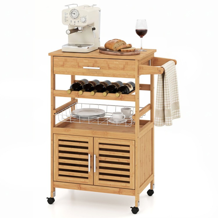 Bamboo rolling kitchen island trolley features a wine rack, spacious cabinet, and towel rack for convenient storage and mobility.