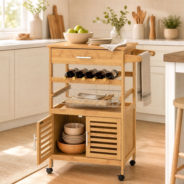 Bamboo rolling kitchen island trolley features a wine rack, spacious cabinet, and towel rack for versatile storage solutions.