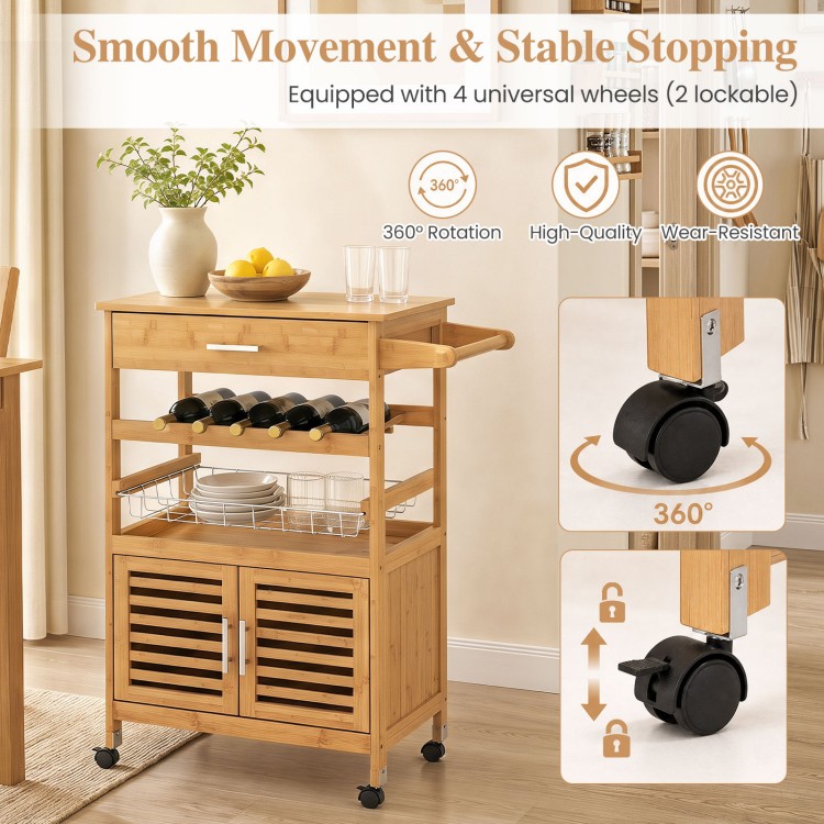 Bamboo rolling kitchen island trolley features a wine rack, storage cabinet, and 360° rotating wheels for easy mobility.